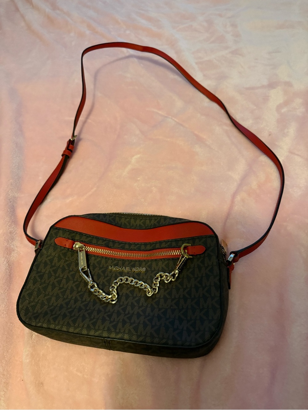 Michael Kors Brown MK Logo Crossbody with Red Trim and Gold Chain